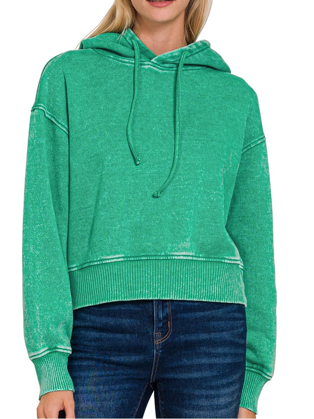 Acid Wash Fleece Cropped Hoodie in Kelly Green